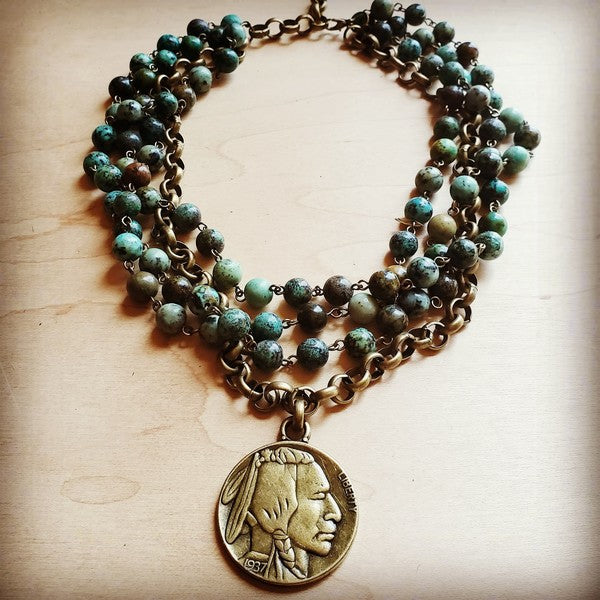 African turquoise collar lenght necklace with coin - Mercantile Mountain