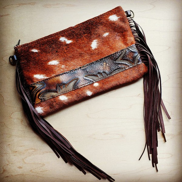 Axis deer hide printed leather clutch handbag