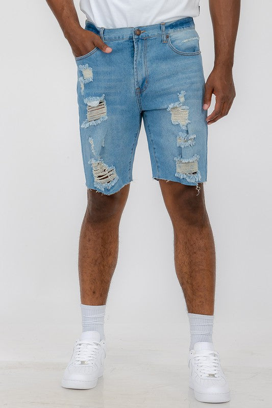 Distressed Stretch Denim Shorts