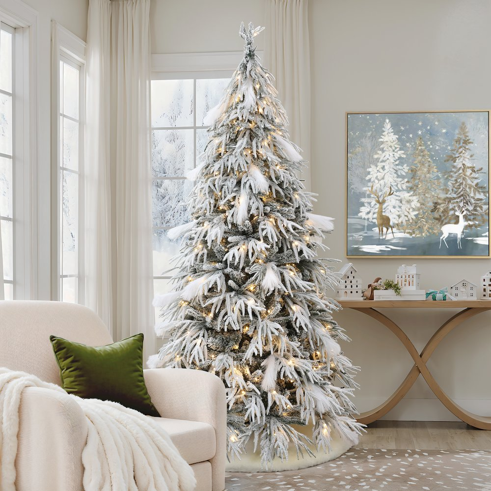 LuxenHome 7.5Ft Pre-Lit Flocked Slender Artificial Christmas Tree