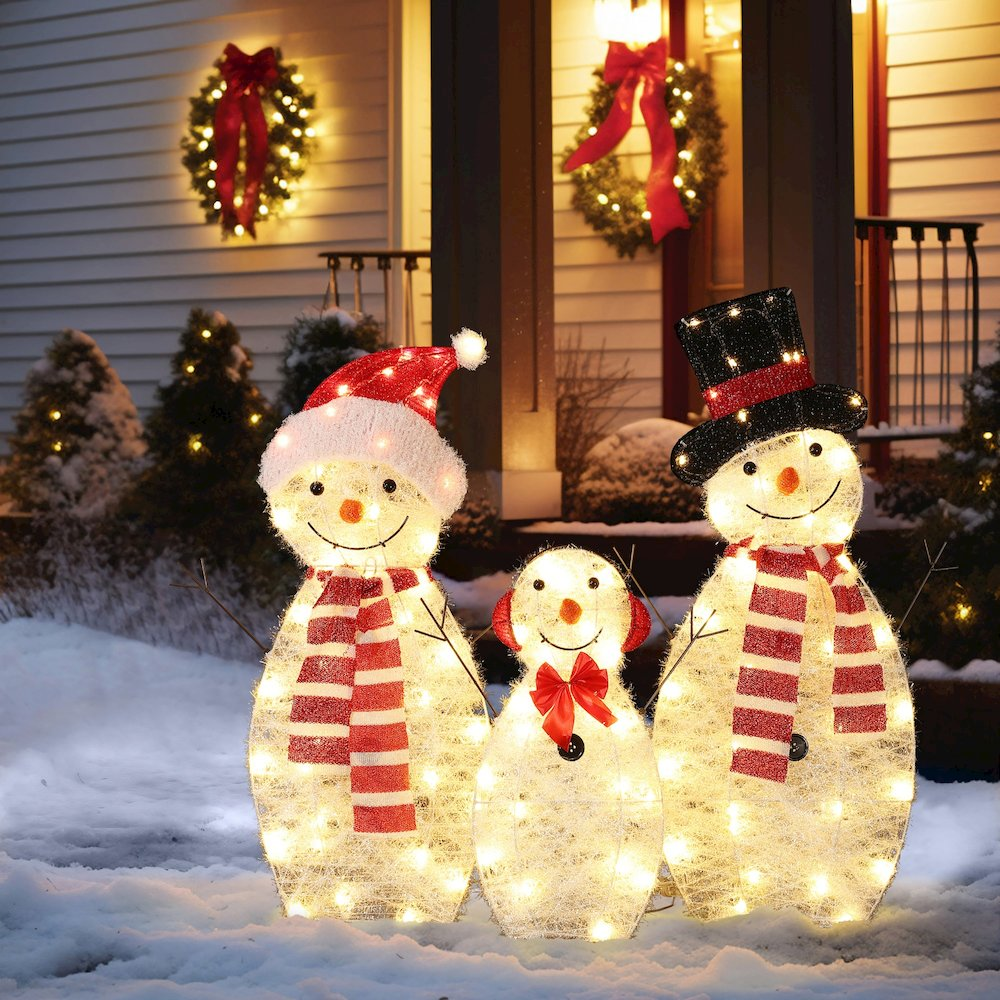 LuxenHome Snowman Family Trio Indoor and Outdoor Holiday Decoration with Lights