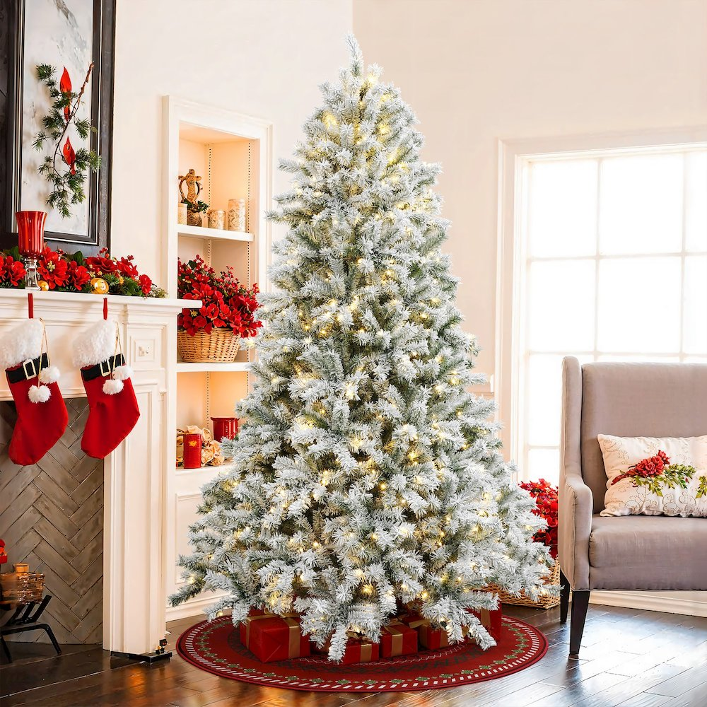 LuxenHome 7.5Ft Pre-Lit Snow Flocked Full Fir Artificial Christmas Tree