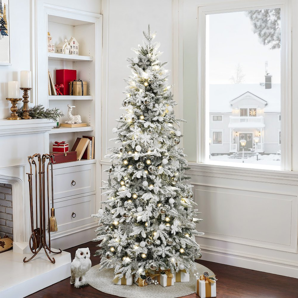 LuxenHome 6Ft Pre-Lit Snow Flocked Pop-Up Artificial Christmas Tree