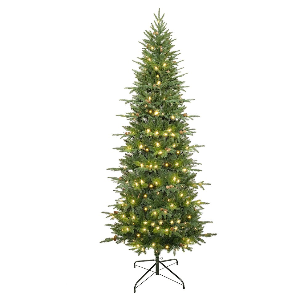 LuxenHome 7.5Ft Pre-Lit Green Slender Artificial Christmas Tree with Pine Cones