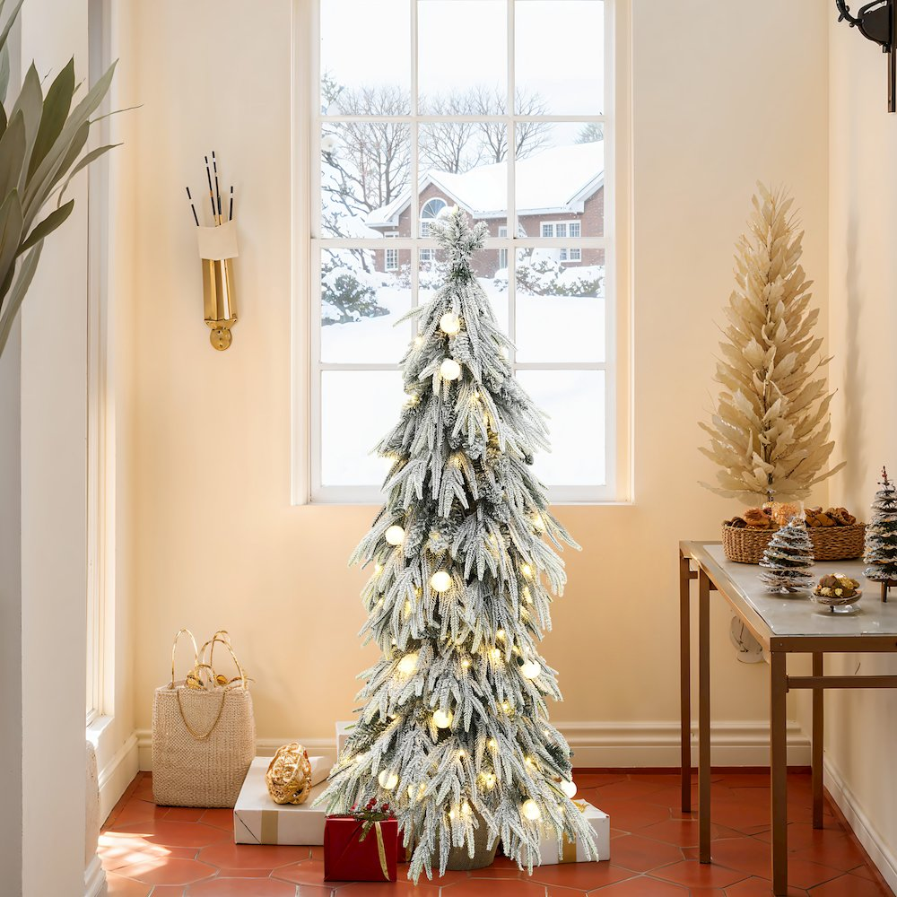 LuxenHome 4.5Ft Pre-Lit Snow Flocked Slender Fir Artificial Christmas Tree