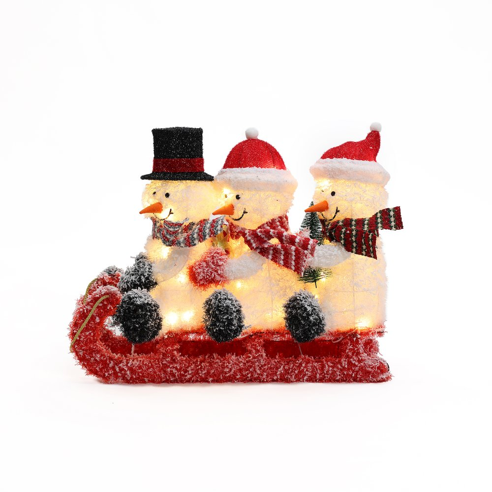 LuxenHome Snowman Family Trio on Sled with Lights Outdoor Holiday Decoration