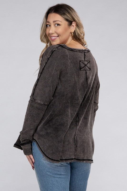 Plus Washed Baby Waffle Oversized Long Sleeve Top - Mercantile Mountain