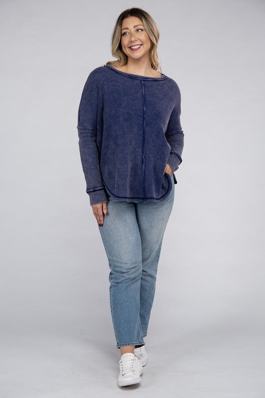 Plus Washed Baby Waffle Oversized Long Sleeve Top - Mercantile Mountain