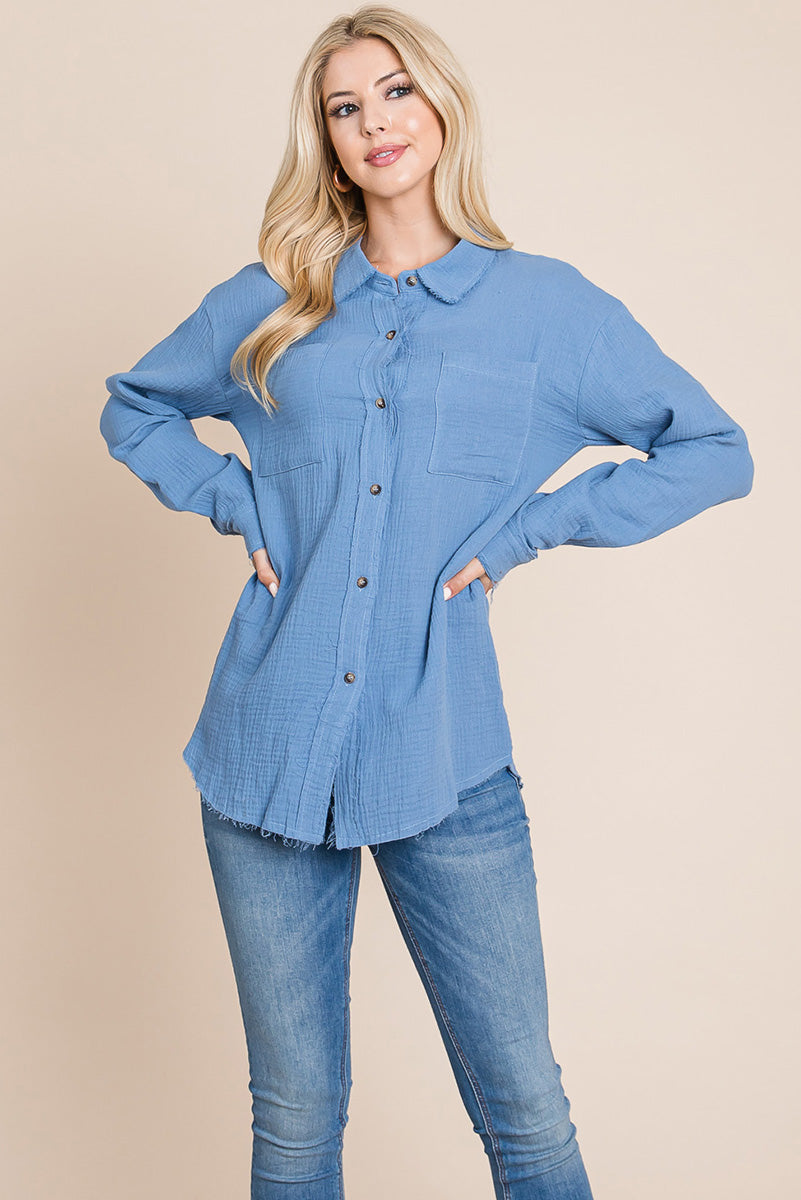 Textured Cotton Raw Edge Gauze Blouse Tops Shirts - Mercantile Mountain