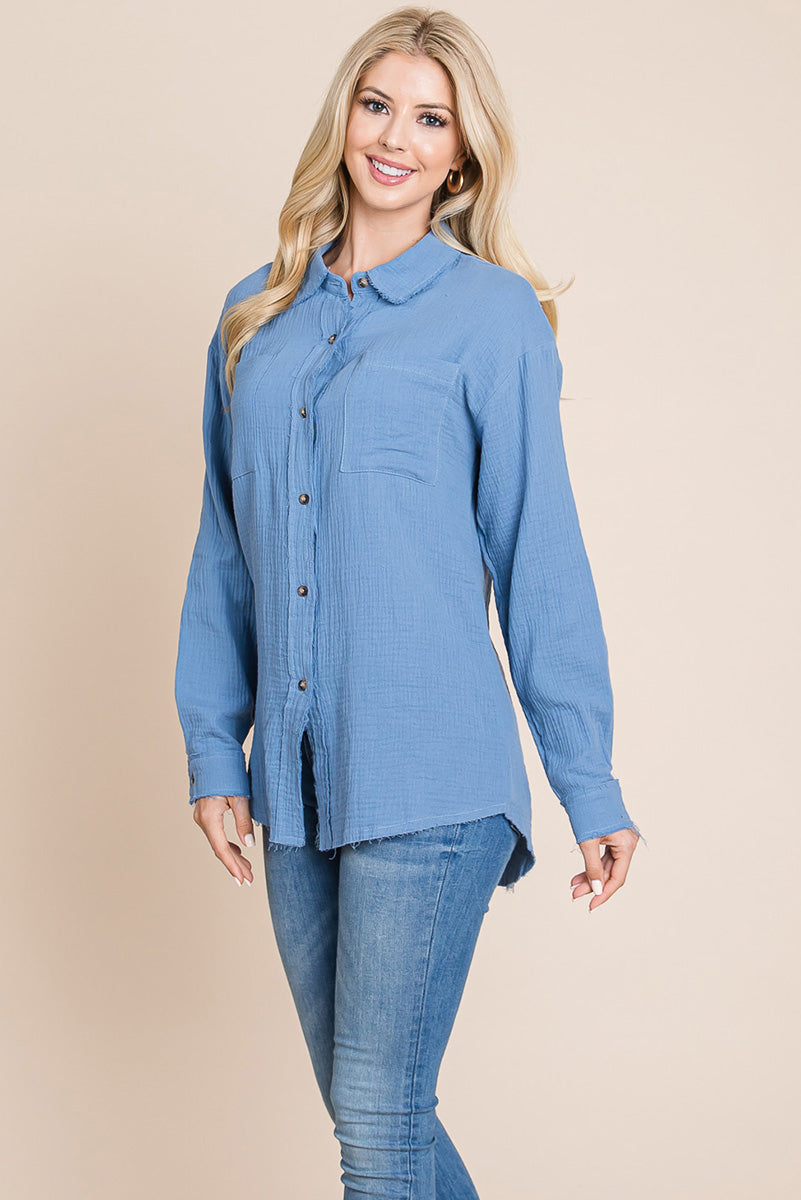 Textured Cotton Raw Edge Gauze Blouse Tops Shirts - Mercantile Mountain