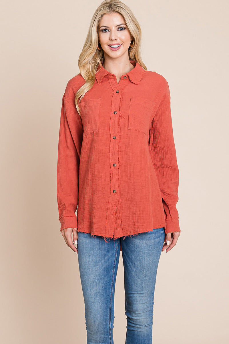 Textured Cotton Raw Edge Gauze Blouse Tops Shirts - Mercantile Mountain