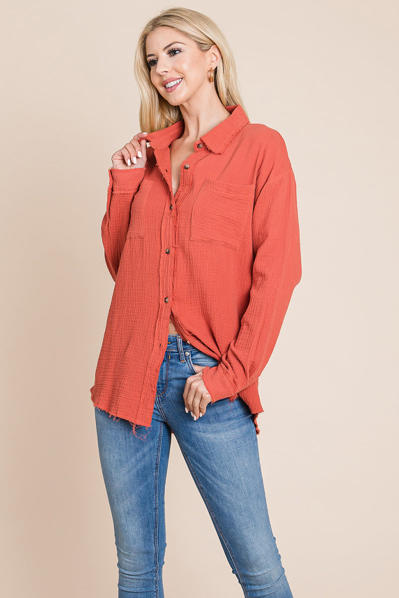 Textured Cotton Raw Edge Gauze Blouse Tops Shirts - Mercantile Mountain