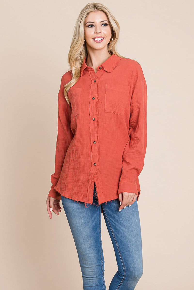 Textured Cotton Raw Edge Gauze Blouse Tops Shirts - Mercantile Mountain