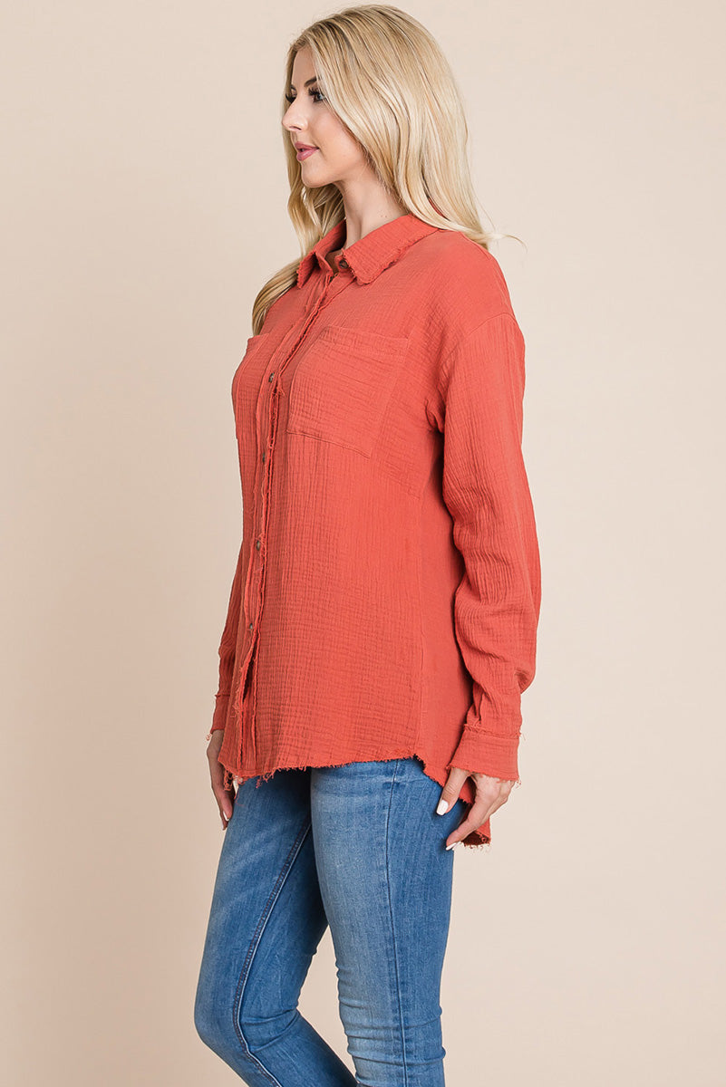 Textured Cotton Raw Edge Gauze Blouse Tops Shirts - Mercantile Mountain