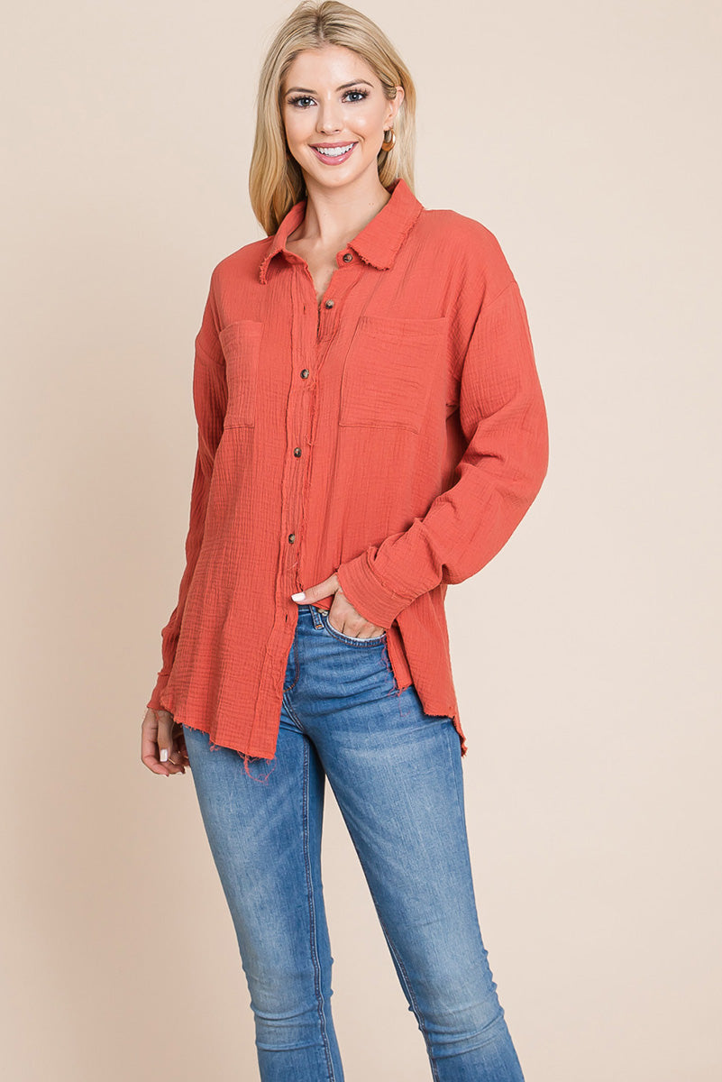 Textured Cotton Raw Edge Gauze Blouse Tops Shirts - Mercantile Mountain