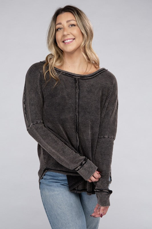 Plus Washed Baby Waffle Oversized Long Sleeve Top - Mercantile Mountain