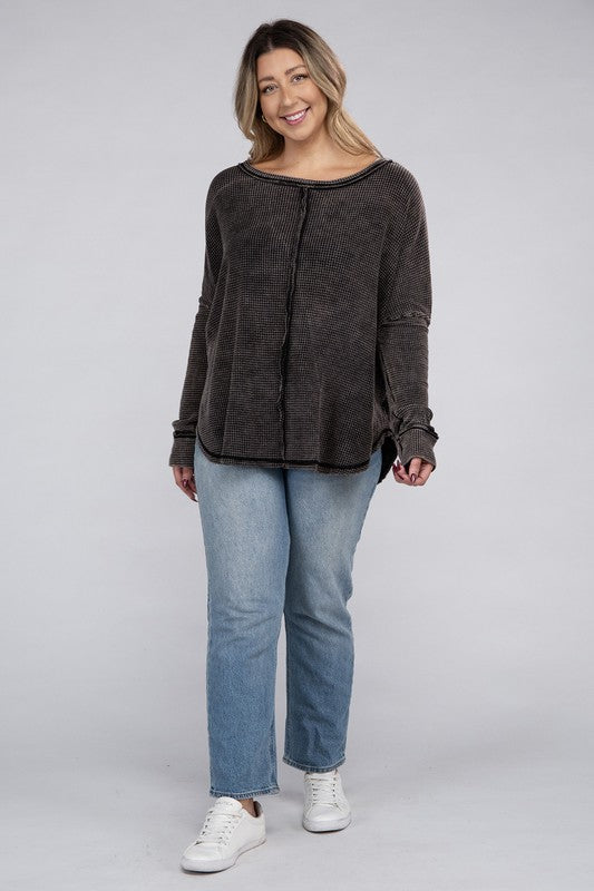 Plus Washed Baby Waffle Oversized Long Sleeve Top - Mercantile Mountain