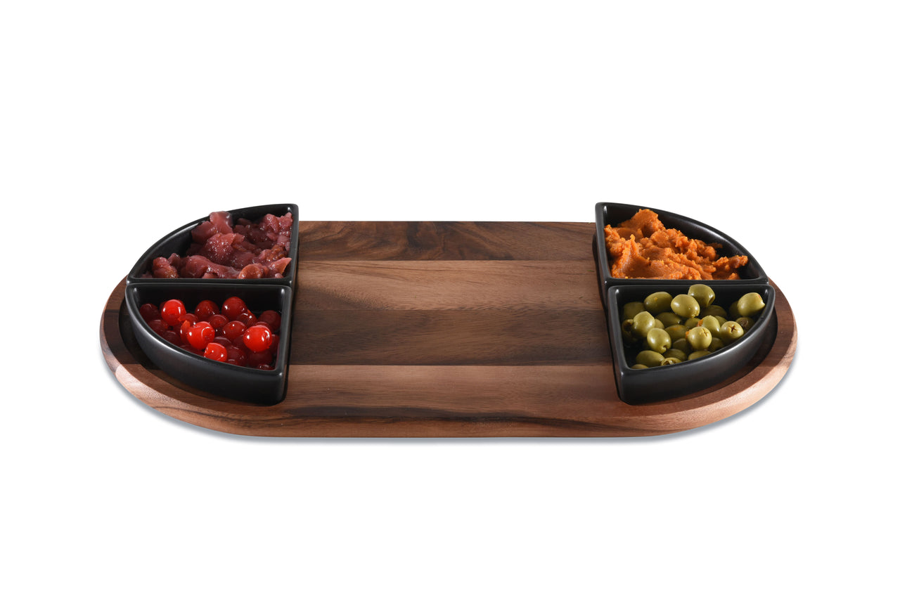 Charcuterie/ Serving Tray w/ 4 black triangular ceramic bowls - Mercantile Mountain