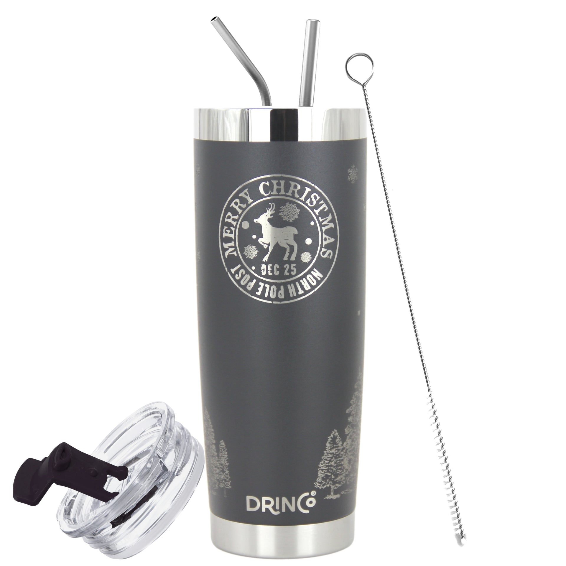 DRINCO® 20oz Insulated Tumbler Spill Proof Lid 2 Straws-Black-Xmas - Mercantile Mountain