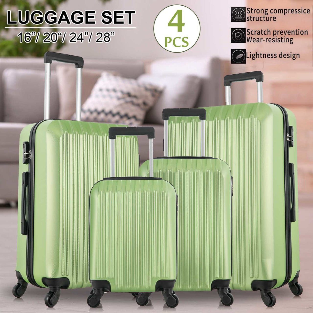 4 Piece Set Luggage Sets Suitcase ABS Hardshell Lightweight Spinner Wheels Green