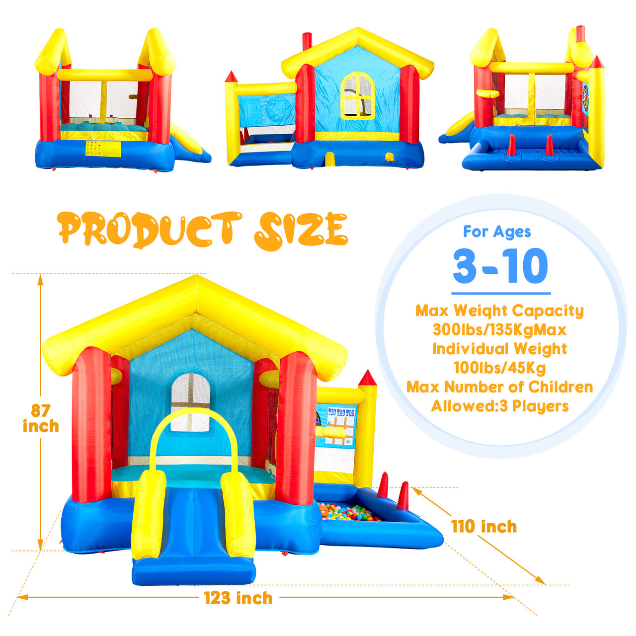 8 in 1 Inflatable Bounce House with Blower Basketball Hoop Ocean Balls Ring-toss Game Target and Sticky Ball Game for Kids