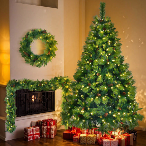 6FT Pre-Lit Green Christmas Tree with Wreath & Garland Set