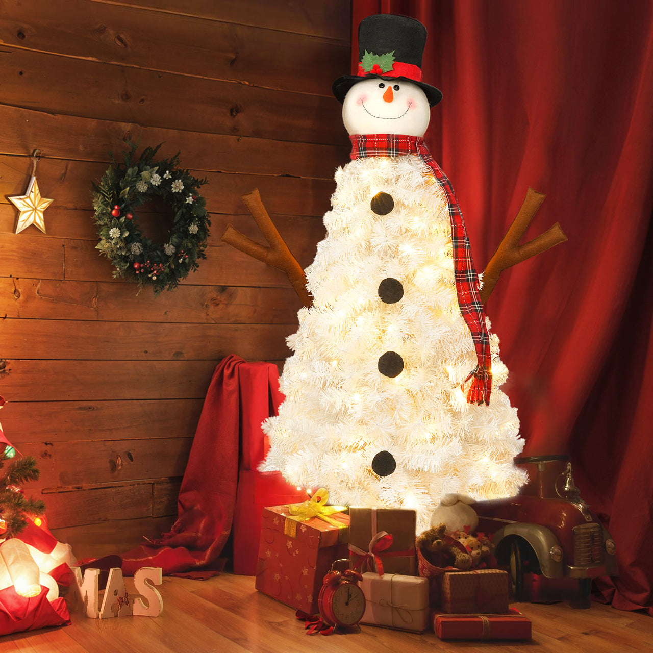 4ft Pre-Lit Snowman-Shaped Christmas Tree with 100 Lights and 380 Tips