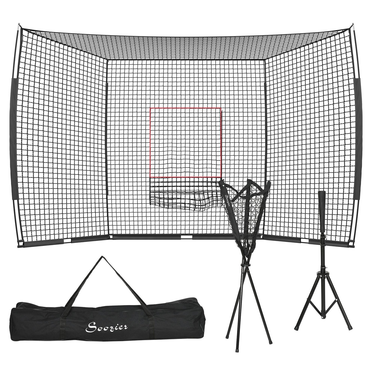 Soozier 17' x 5.5' Baseball Net with Strike Zone, Tee, Caddy, and Carry Bag for Pitching and Hitting, Portable Extra Large Softball and Baseball Training Equipment