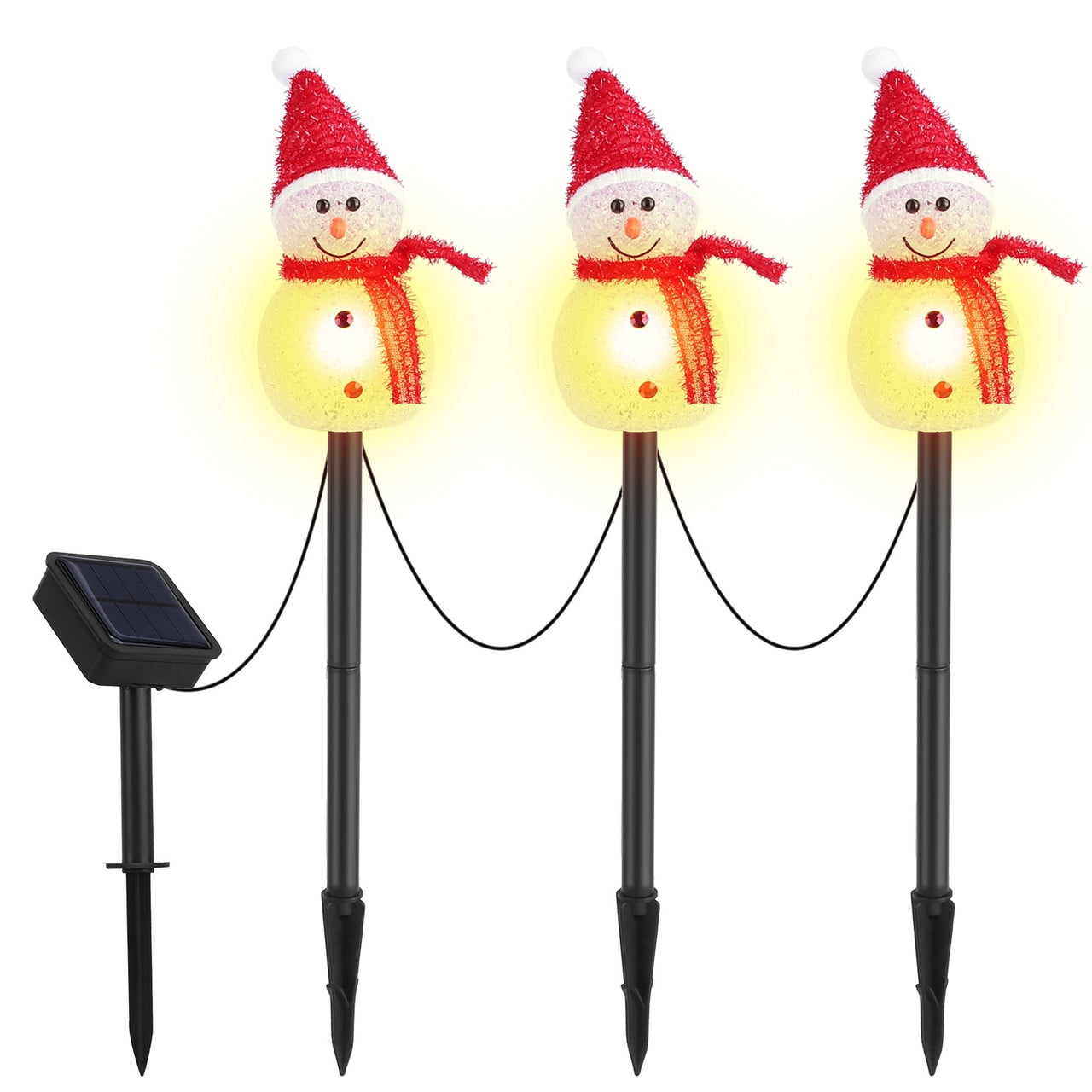 1Pc Solar Powered Lamp 3 Snowmen Outdoor Decorative Christmas Lamp Garden Stake Light IP55 Waterproof Santa Landscape Light Warm White LED Lighting Pathway Yard Patio