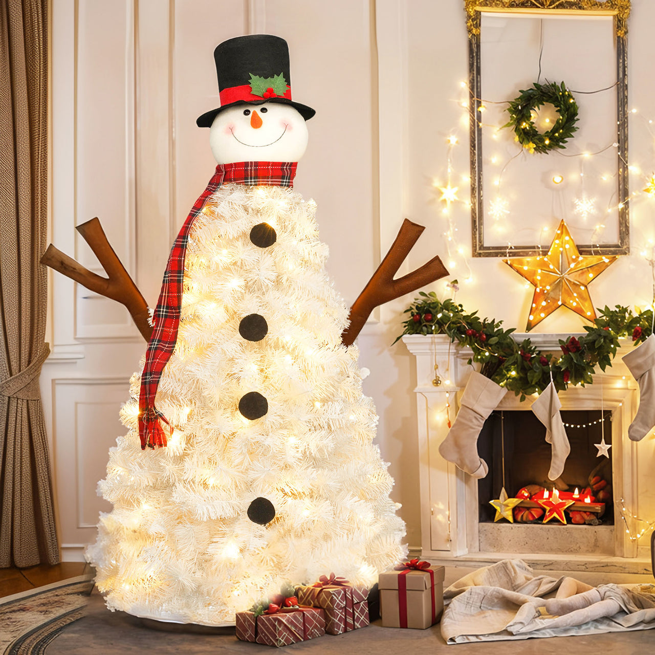 4ft Pre-Lit Snowman-Shaped Christmas Tree with 100 Lights and 380 Tips