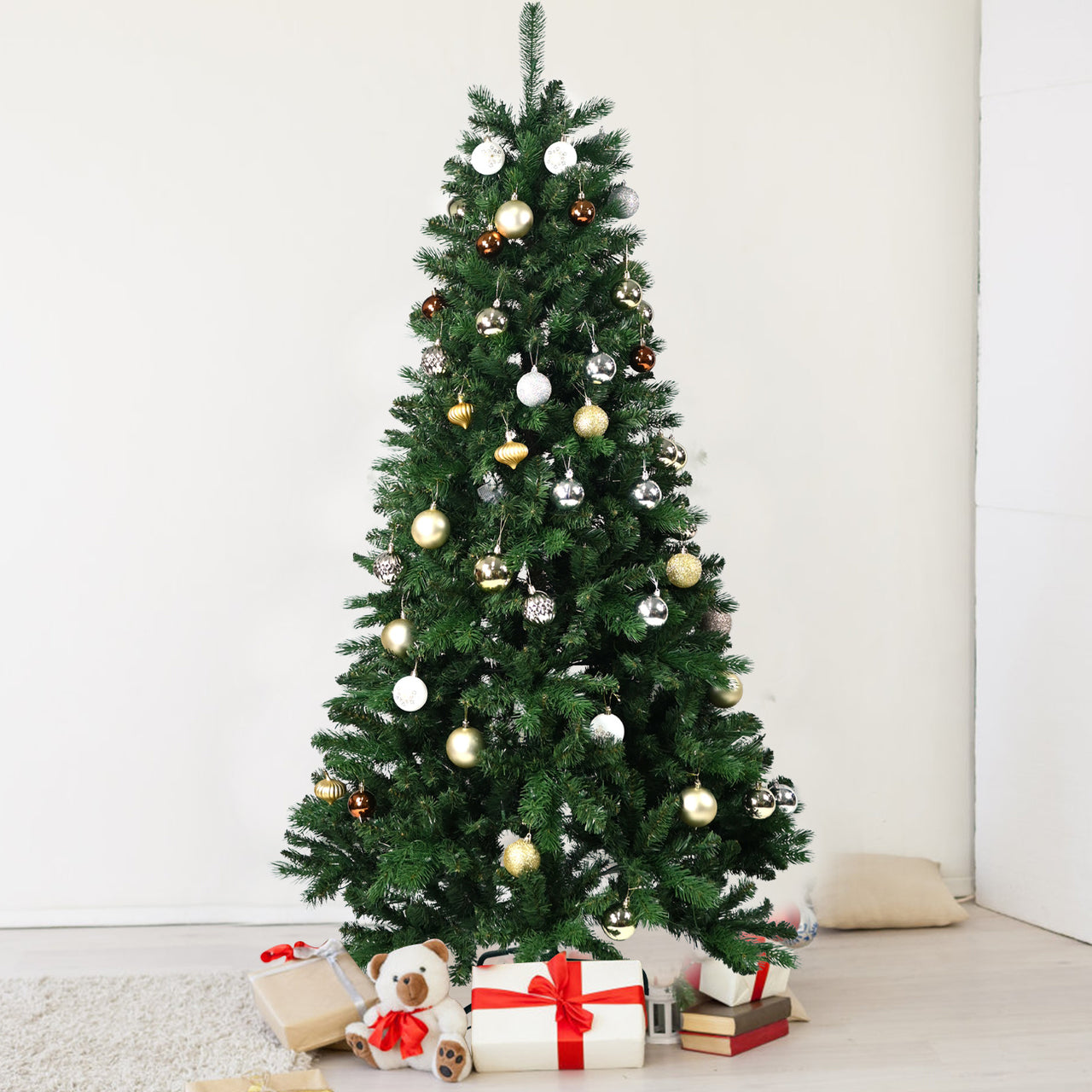 8FT PE/PVC Mixed Automatic Christmas Tree With Lights Xmas Decoration Light Up Holiday Season