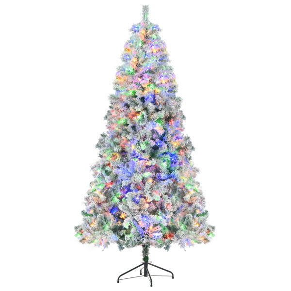 6FT Snow Flocked Christmas Tree, Pre-Lit Set with Tree & Garland & Wreath, Artificial Hinged Xmas Tree with Colorful LED Lights, 8 Lighting Modes, Pine Cones, Holiday Décor for Home