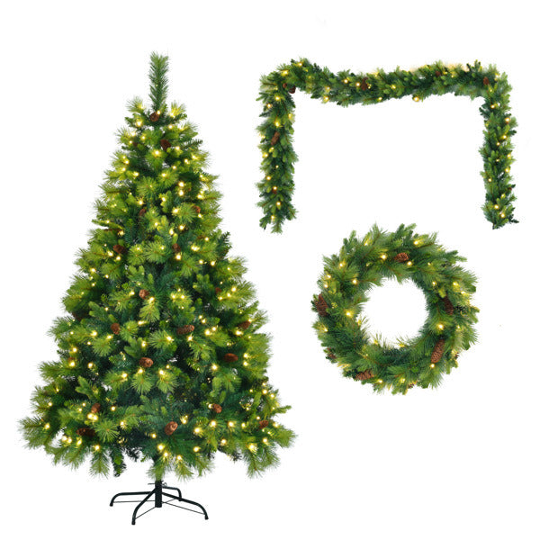 6FT Pre-Lit Green Christmas Tree with Wreath & Garland Set