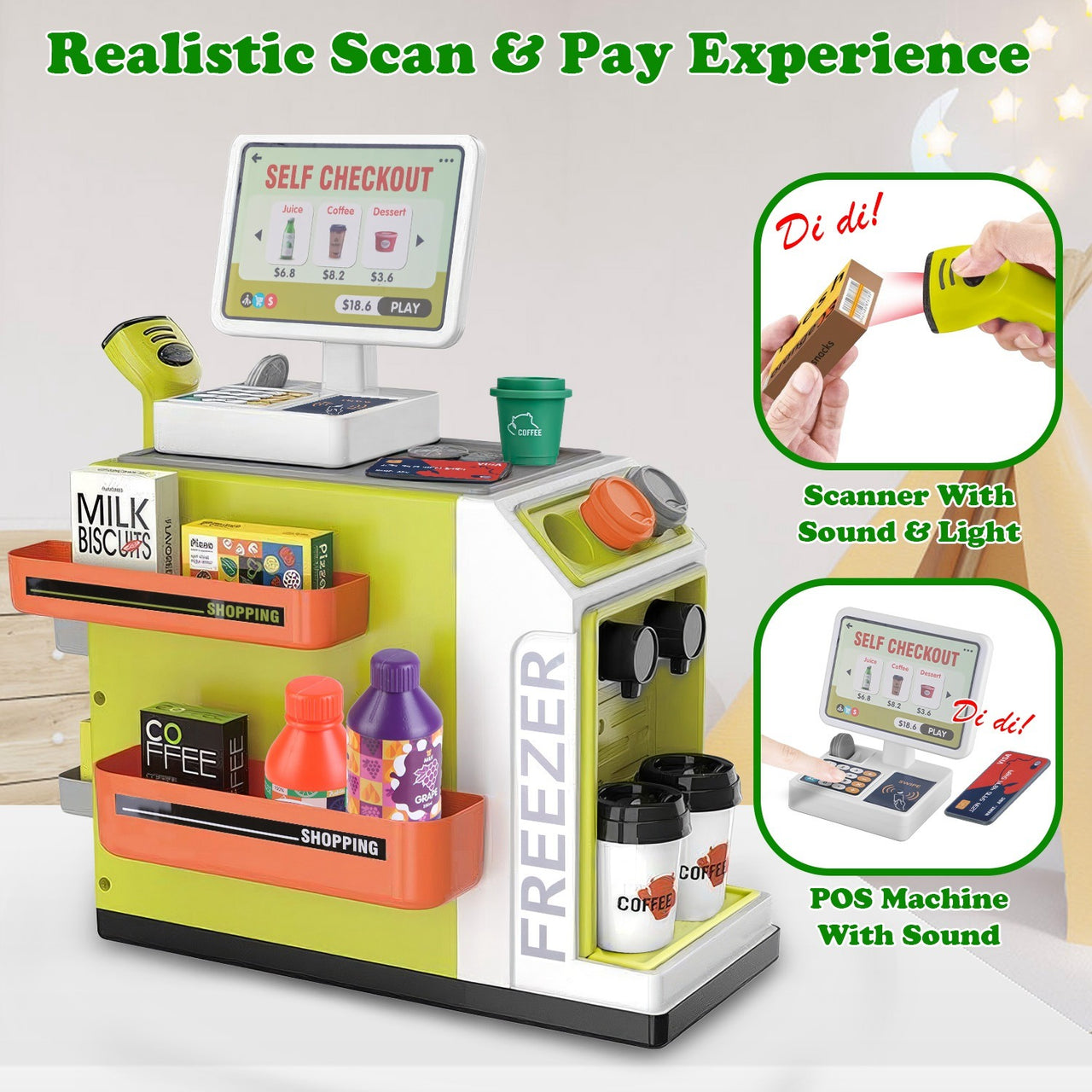 48Pcs Pretend Cash Register Play Toy Set With Scanner Play Cash Food Role Play Coffee Machine Grocery Store Mini Supermarket Playset For Boys Girls Aged 3Years Green