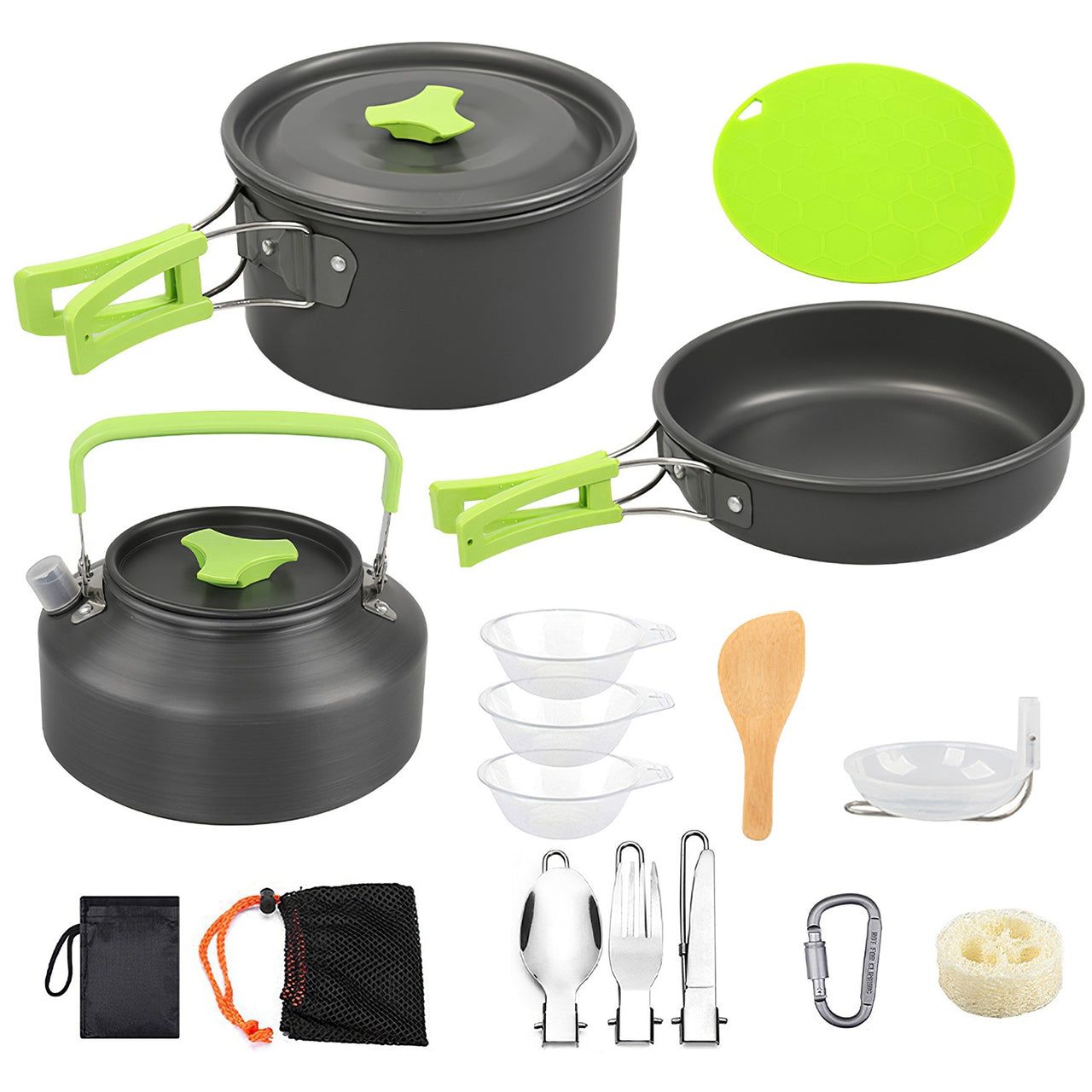 16Pcs Camping Cooking Ware Set Camping Stove Cookware Kit Aluminum Pot Pan Kettle Set with Bowls Knife Fork Spoon Carabiner Spatula Cutting Board for Hiking Picnic Outdoor